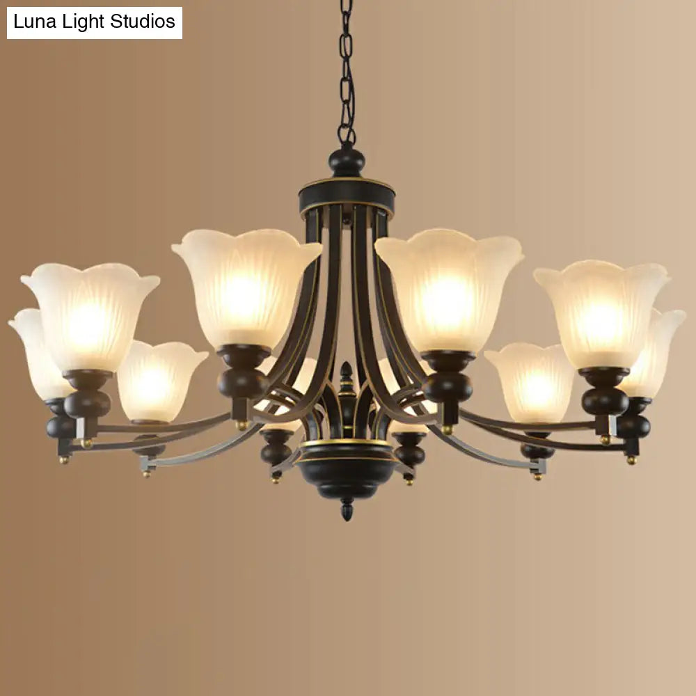 Retro Opal Glass Flower Chandelier In Black | Pendant Light Fixture For Living Room
