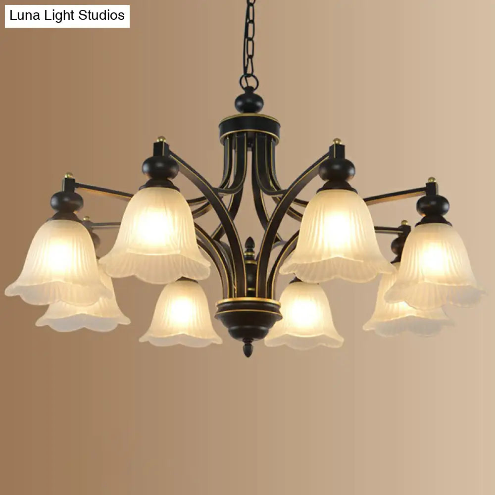 Retro Opal Glass Flower Chandelier In Black | Pendant Light Fixture For Living Room