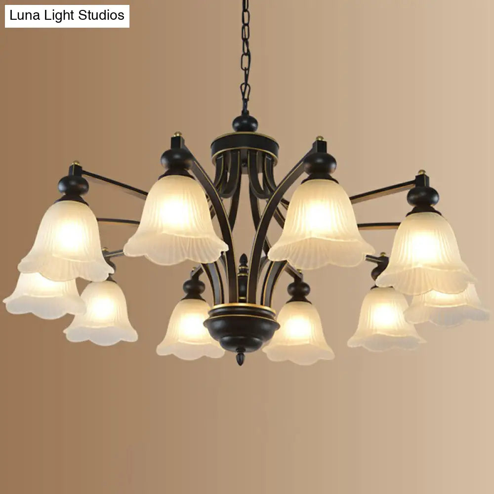Retro Opal Glass Flower Chandelier In Black | Pendant Light Fixture For Living Room