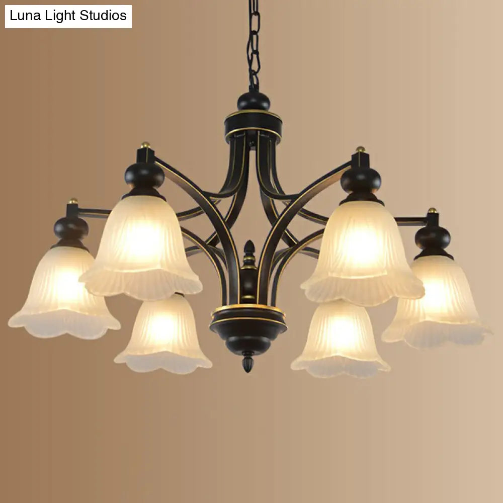 Retro Opal Glass Flower Chandelier In Black | Pendant Light Fixture For Living Room