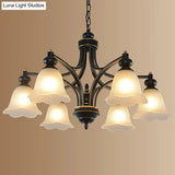 Retro Opal Glass Flower Chandelier In Black | Pendant Light Fixture For Living Room