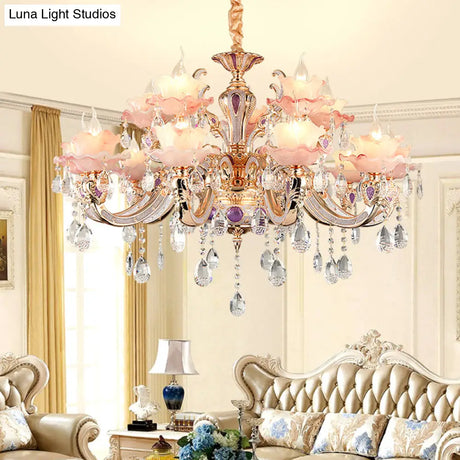 Retro Pink Floral Chandelier Pendant Light With Ruffle Accents Opaque Glass & Hanging Crystal For