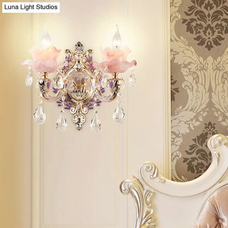 Retro Pink Glass Wall Lamp With Gold Floral Ruffle Design - Elegant Living Room Light Fixture