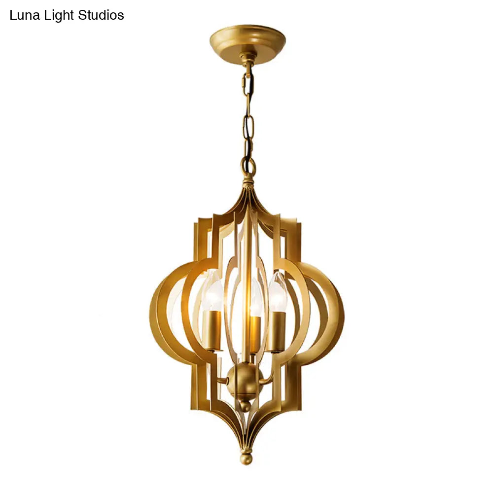 Retro Quatrefoil Gold Pendant Chandelier 3-Bulb Metallic Light Fixture