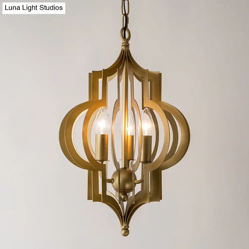 Retro Quatrefoil Gold Pendant Chandelier 3-Bulb Metallic Light Fixture