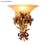 Retro Resin Floral Wall Mounted Lamp - Pink/Gold Design With Trumpet Glass Shade