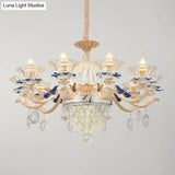 Retro Ribbed Glass Suspension Light With Crystal Draping In White - Perfect For Living Rooms