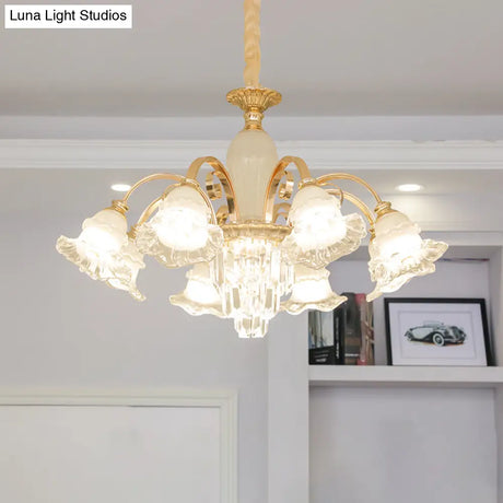 Retro Ruffled Bell Chandelier Light With Clear Textured Glass Pendant And Tiered Crystal Accent