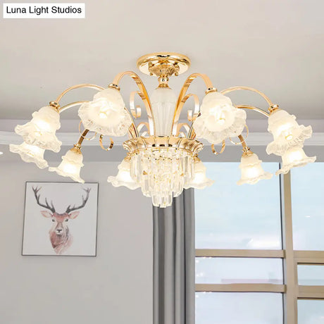 Retro Ruffled Bell Chandelier Light With Clear Textured Glass Pendant And Tiered Crystal Accent