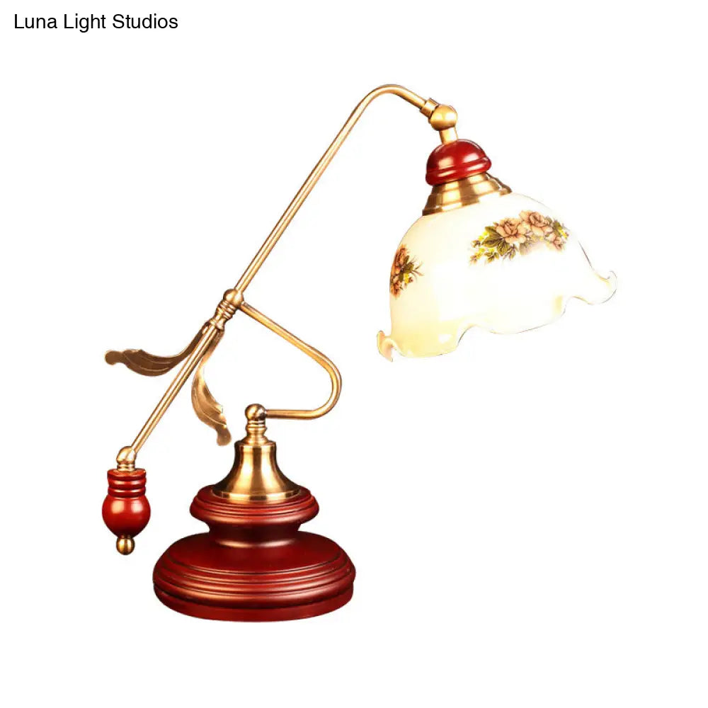 Retro Ruffled Bowl Table Light With White Glass Night Lamp And Gold-Red Brown Lever Arm