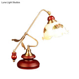 Retro Ruffled Bowl Table Light With White Glass Night Lamp And Gold-Red Brown Lever Arm