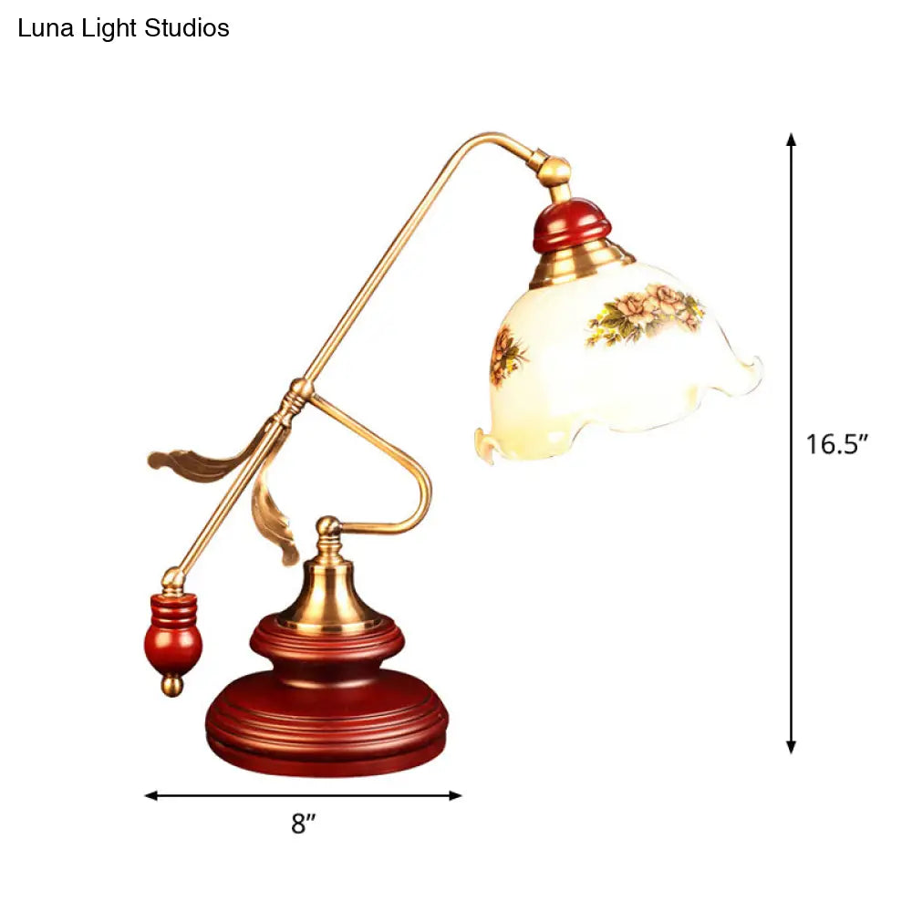 Retro Ruffled Bowl Table Light With White Glass Night Lamp And Gold-Red Brown Lever Arm