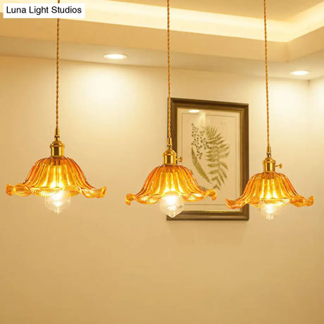 Retro Ruffled Hanging Light: Carved Glass Pendant Lamp With Rotary Switch