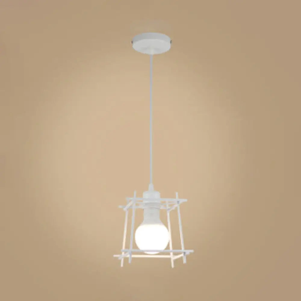 Retro Square Cage Pendant Light - Metal Ceiling Lamp For Bedroom (Black/White) White