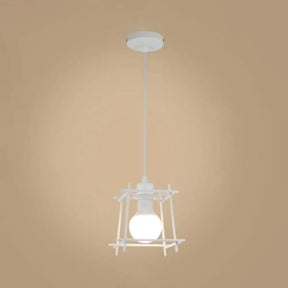 Retro Square Cage Pendant Light - Metal Ceiling Lamp For Bedroom (Black/White) White