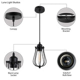 Retro Style 1-Light Pendant Lamp With Metal Cage Shade - Black