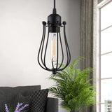 Retro Style 1-Light Pendant Lamp With Metal Cage Shade - Black
