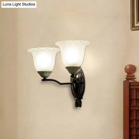 Retro Style Bedroom Wall Mount Lighting - 1/2-Light Sconce With Scalloped Bell Frosted Glass Shade