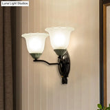 Retro Style Bedroom Wall Mount Lighting - 1/2-Light Sconce With Scalloped Bell Frosted Glass Shade