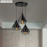 Retro-Style Black Diamond Hanging Light With 3 Metallic Heads - Dining Room Pendant Lighting