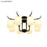 Retro Style Black Glass Chandelier With Cylindrical Cream Shade - 6/8 Heads Suspension Pendant