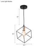 Retro-Style Black Metal Cage Ceiling Fixture For Living Room With 1 Squared Light