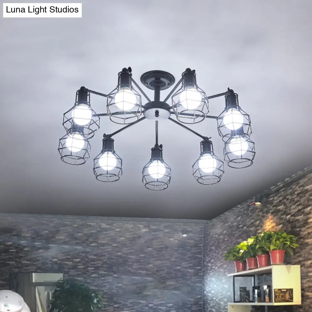 Retro Style Black Metal Semi Flush Pendant Light With Global Cage Shade For Living Room - 6/8