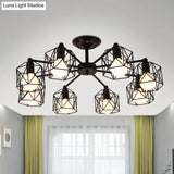 Retro Style Black Metal Semi Flush Pendant Light With Global Cage Shade For Living Room - 6/8