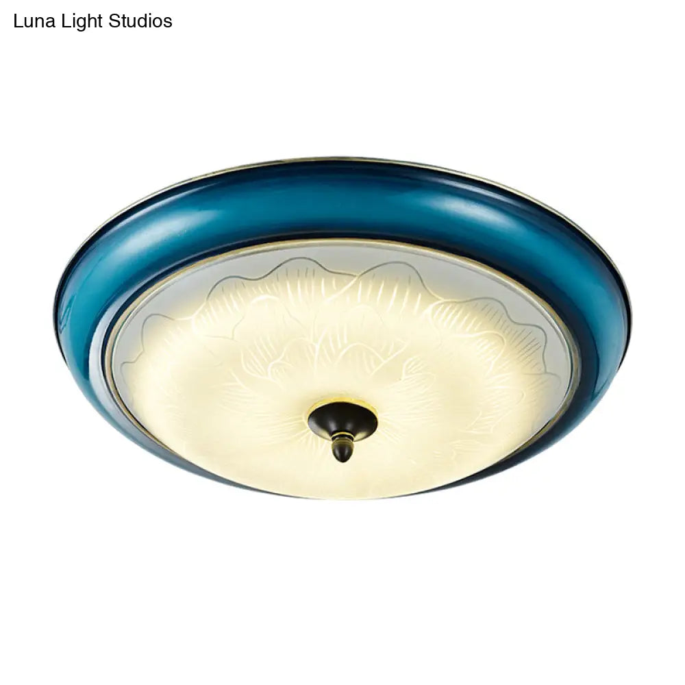 Retro Style Blue Glass Led Flushmount Light For Bedroom 16’/20’ Wide