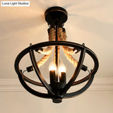 Retro-Style Chandelier Pendant Light With Hemp Rope And Iron Basket - Set Of 3 Bulbs