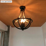 Retro-Style Chandelier Pendant Light With Hemp Rope And Iron Basket - Set Of 3 Bulbs