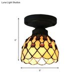 Retro-Style Cup Shade Semi Flush Mount Ceiling Light - Purple/Beige Glass Fixture With Jewel Pattern