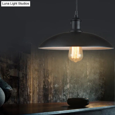 Retro Style Farmhouse Pendant Light: 13’/16’ Hanging Ceiling Fixture Metal Bowl Shade 1 Bulb Black