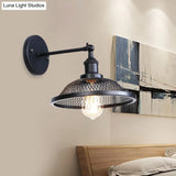 Retro Style Flared Restaurant Sconce: Mesh Shade Wrought Iron Wall Lamp (1 Bulb) In Black/Rust