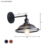 Retro Style Flared Restaurant Sconce: Mesh Shade Wrought Iron Wall Lamp (1 Bulb) In Black/Rust