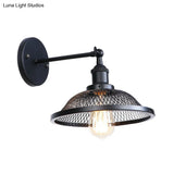 Retro Style Flared Restaurant Sconce: Mesh Shade Wrought Iron Wall Lamp (1 Bulb) In Black/Rust
