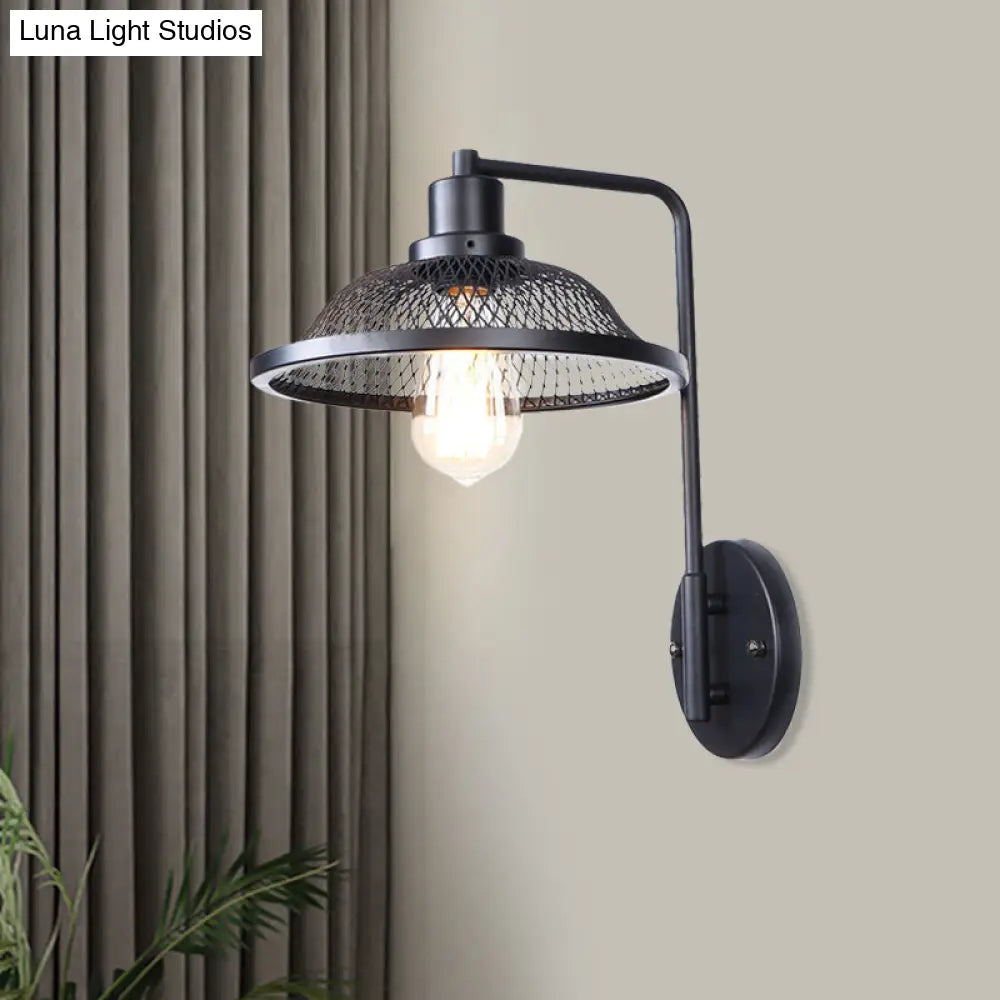 Retro Style Flared Restaurant Sconce: Mesh Shade Wrought Iron Wall Lamp (1 Bulb) In Black/Rust