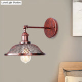 Retro Style Flared Restaurant Sconce: Mesh Shade Wrought Iron Wall Lamp (1 Bulb) In Black/Rust
