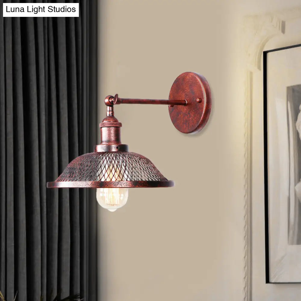Retro Style Flared Restaurant Sconce: Mesh Shade Wrought Iron Wall Lamp (1 Bulb) In Black/Rust
