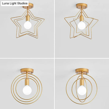 Retro Style Geometric Iron Semi Flush Mount Lighting For Corridor