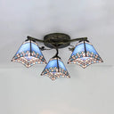 Retro Style Geometric Stained Glass Ceiling Light Fixture - 3 Lights With Wire Mesh And Elegant