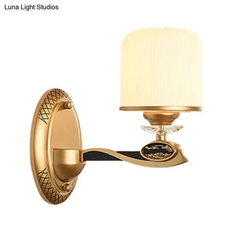 Retro Style Gold Cylinder Wall Sconce Light With Ribbed Glass - 1/2 Bulbs Bedside Lighting