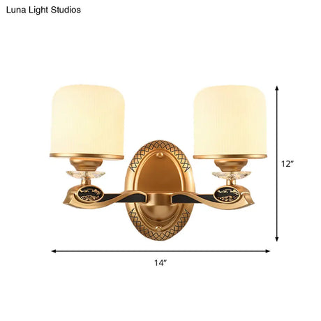 Retro Style Gold Cylinder Wall Sconce Light With Ribbed Glass - 1/2 Bulbs Bedside Lighting