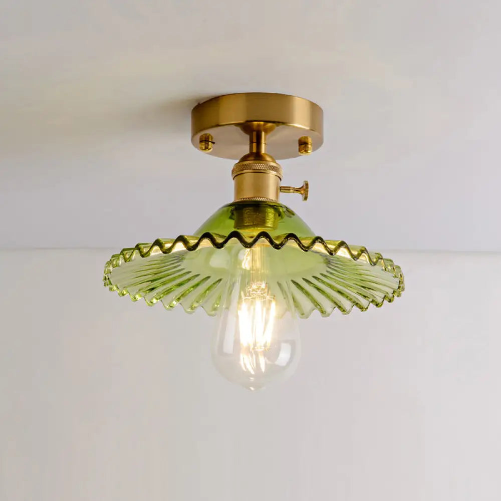Retro Style Gold Shaded Glass Flush Mount Light For Corridors - Semi Ceiling Fixture / C