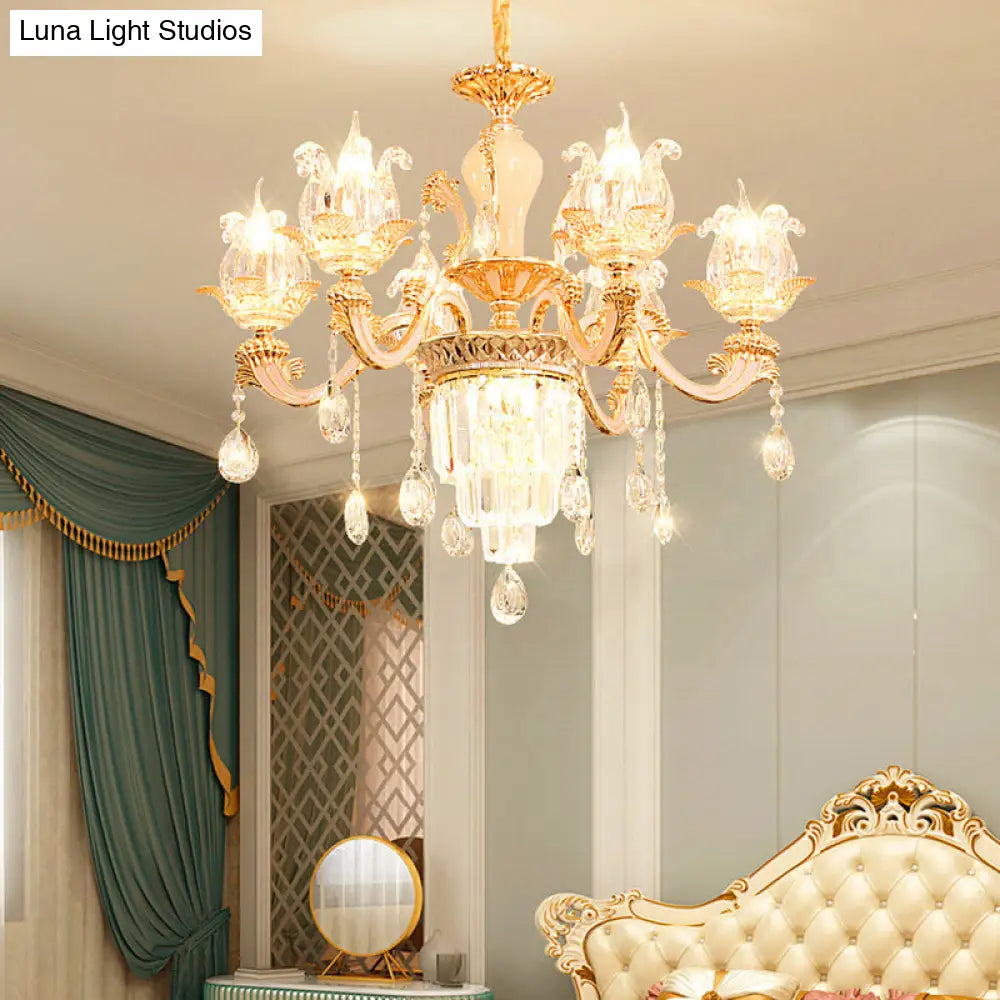 Retro Style Handblown Glass Flower Chandelier With Tiered Crystal Decor - Gold Suspension Light For