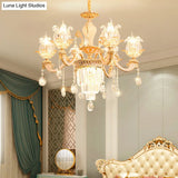 Retro Style Handblown Glass Flower Chandelier With Tiered Crystal Decor - Gold Suspension Light For