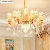 Retro Style Handblown Glass Flower Chandelier With Tiered Crystal Decor - Gold Suspension Light For