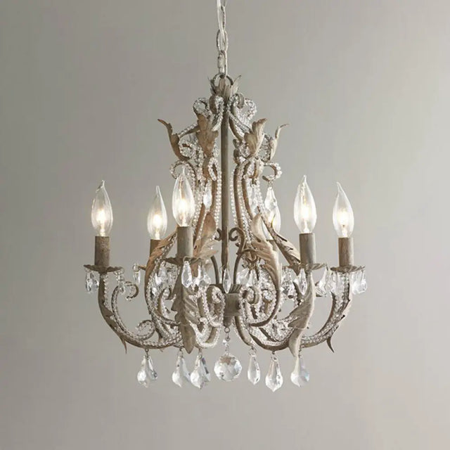 Retro Style Metallic Chandelier With Crystal Beaded Arms - 6 Bulb Suspension Light Grey