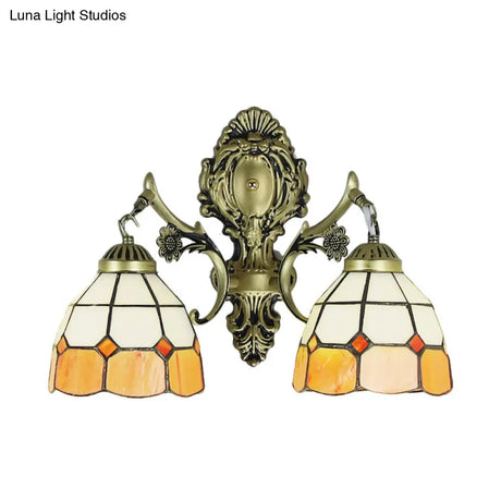 Retro-Style Multicolored Stained Glass Wall Lamp With Scalloped Shade - 2 Headed Fixture For Dining