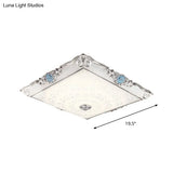 Retro Style Square Flushmount Led Ceiling Light With Cream Glass And Blue Glow For Bedrooms